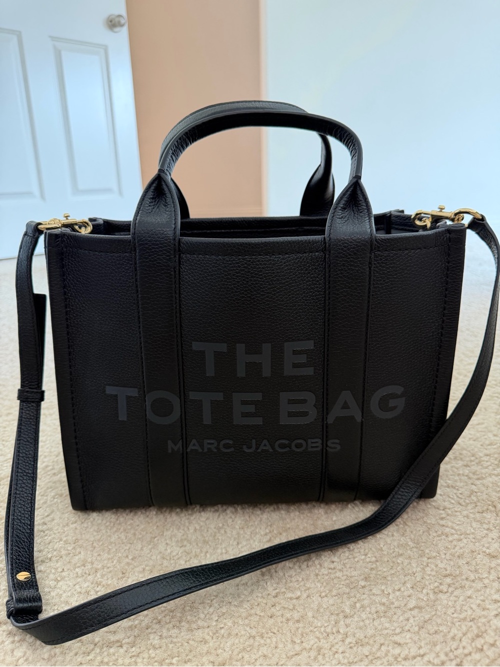 Marc Jacobs Black Leather Tote with Gold Zipper Accent